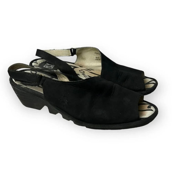 Fly London Black Suede Palpfly Peep Toe Sandals - Picture 2 of 9